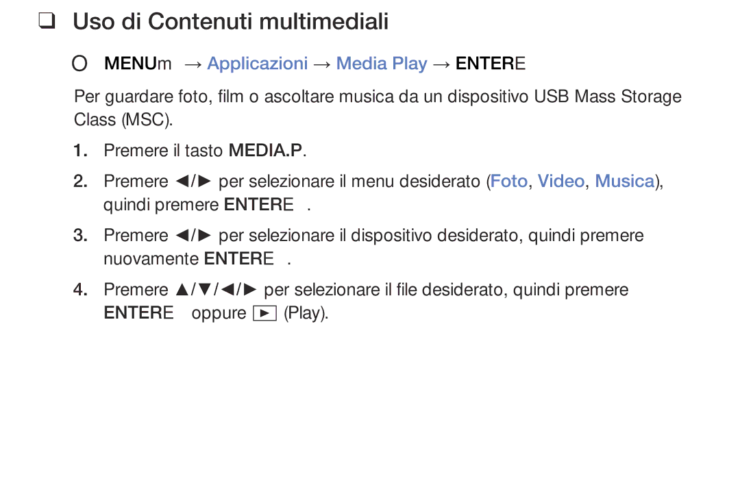 Samsung UE32J5000AWXXH, UE40J5100AWXXH manual Uso di Contenuti multimediali, OO MENUm → Applicazioni → Media Play → Entere 