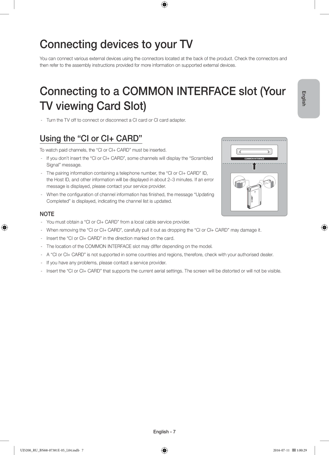 Samsung UE32J5200AKXRU manual Connecting devices to your TV, Using the CI or CI+ Card 