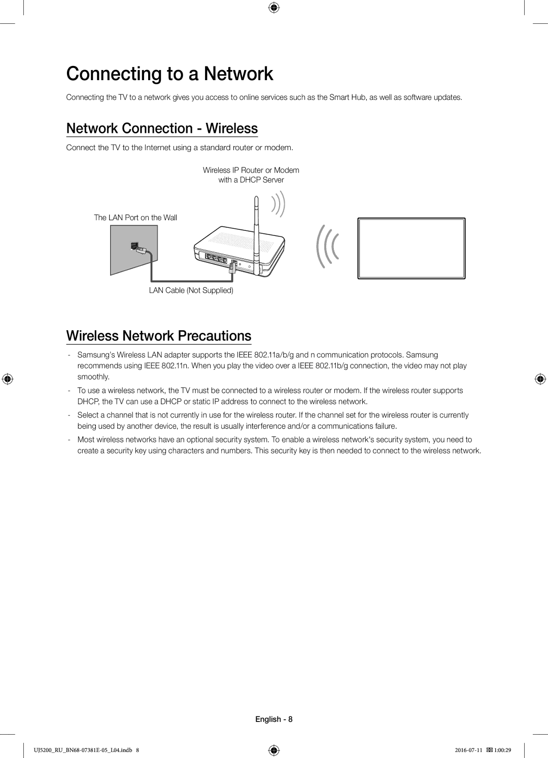 Samsung UE32J5200AKXRU manual Connecting to a Network, Network Connection Wireless, Wireless Network Precautions 