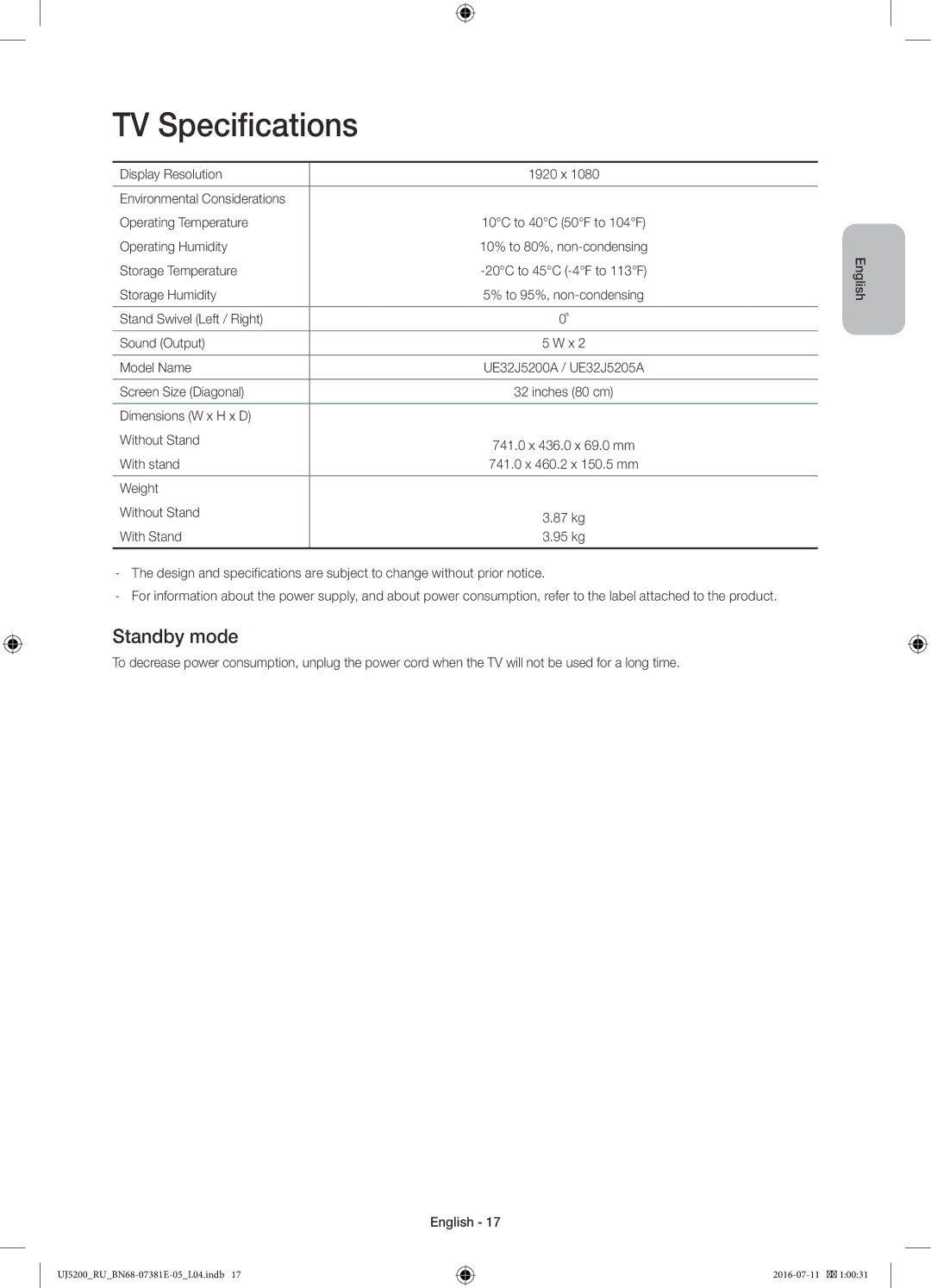 Samsung UE32J5200AKXRU manual TV Specifications, Standby mode 