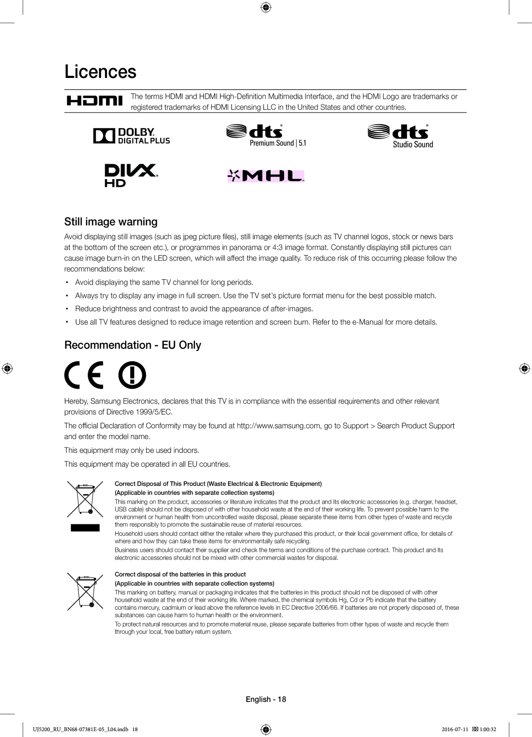 Samsung UE32J5200AKXRU manual Licences, Still image warning, Recommendation EU Only 