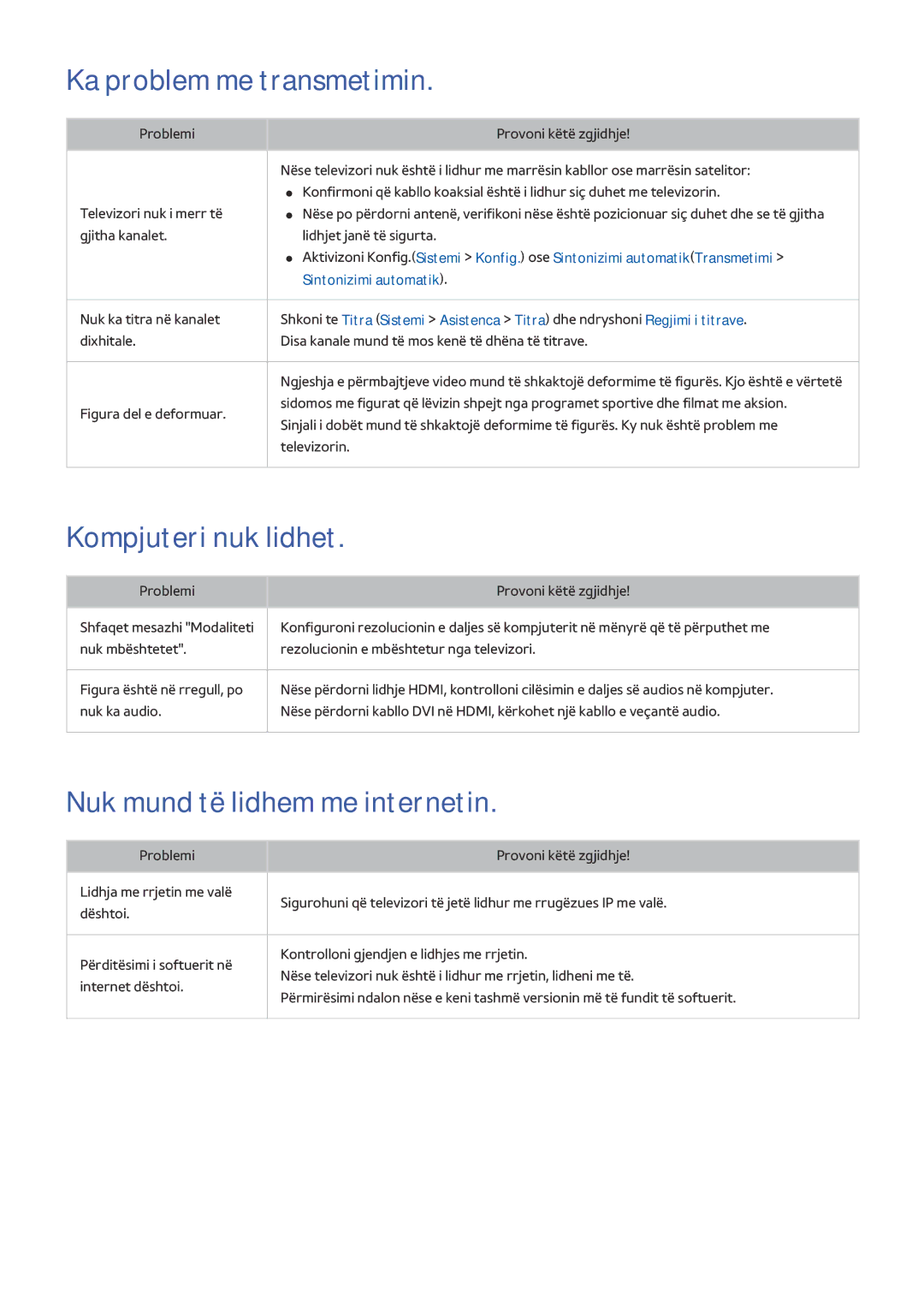 Samsung UE32J5200AWXXH, UE40J5202AKXXH Ka problem me transmetimin, Kompjuteri nuk lidhet, Nuk mund të lidhem me internetin 