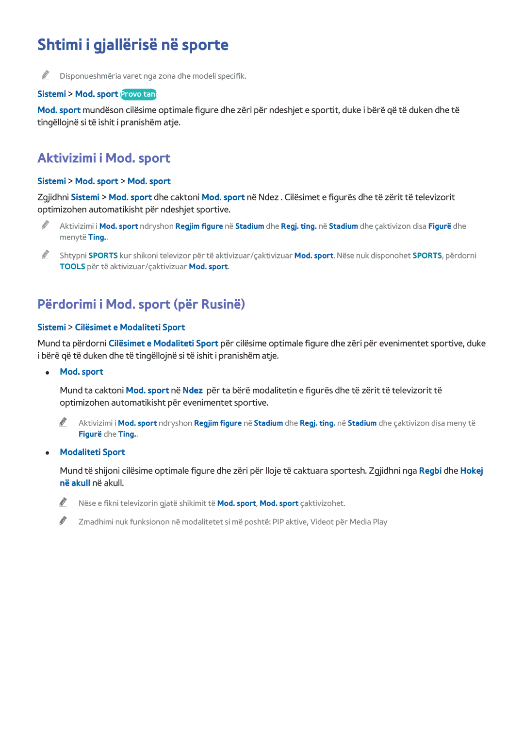 Samsung UE58J5202AKXXH manual Shtimi i gjallërisë në sporte, Aktivizimi i Mod. sport, Përdorimi i Mod. sport për Rusinë 