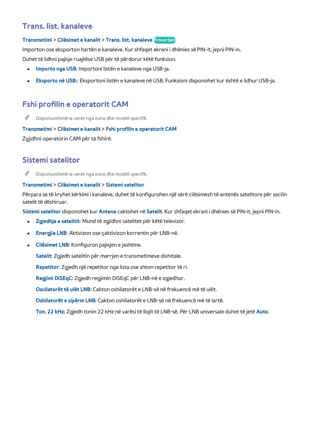 Samsung UE49J5202AKXXH, UE32J5200AWXXH manual Trans. list. kanaleve, Fshi profilin e operatorit CAM, Sistemi satelitor 