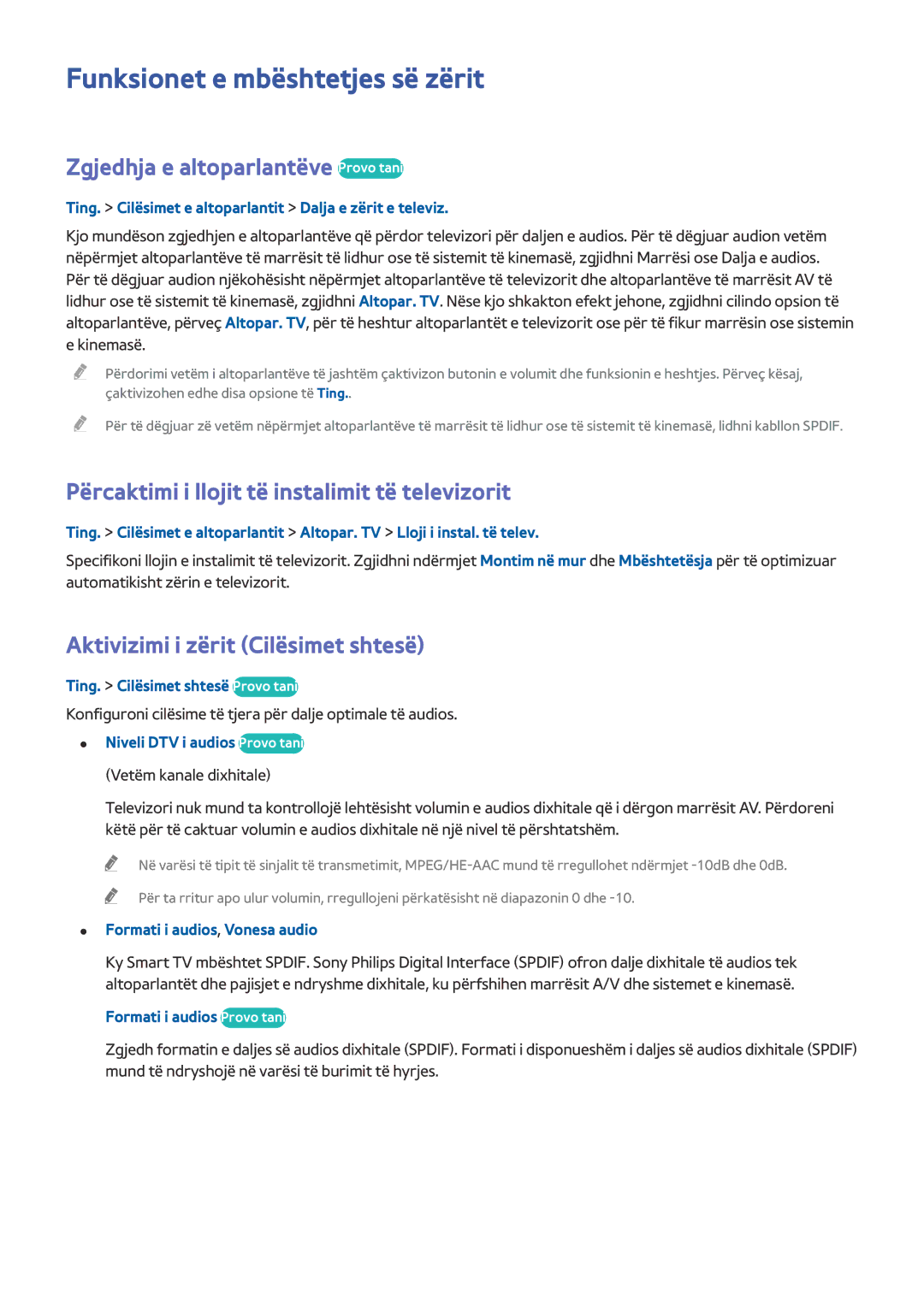 Samsung UE40J5202AKXXH, UE32J5200AWXXH manual Funksionet e mbështetjes së zërit, Zgjedhja e altoparlantëve Provo tani 