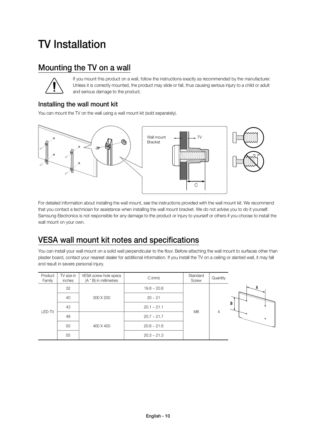 Samsung UE40J5530AUXRU manual TV Installation, Mounting the TV on a wall, Vesa wall mount kit notes and specifications 