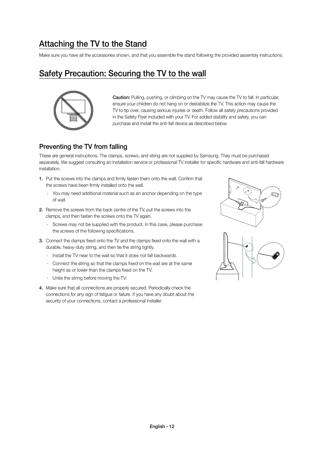 Samsung UE40J5550AUXRU, UE32J5500AUXRU manual Attaching the TV to the Stand, Safety Precaution Securing the TV to the wall 