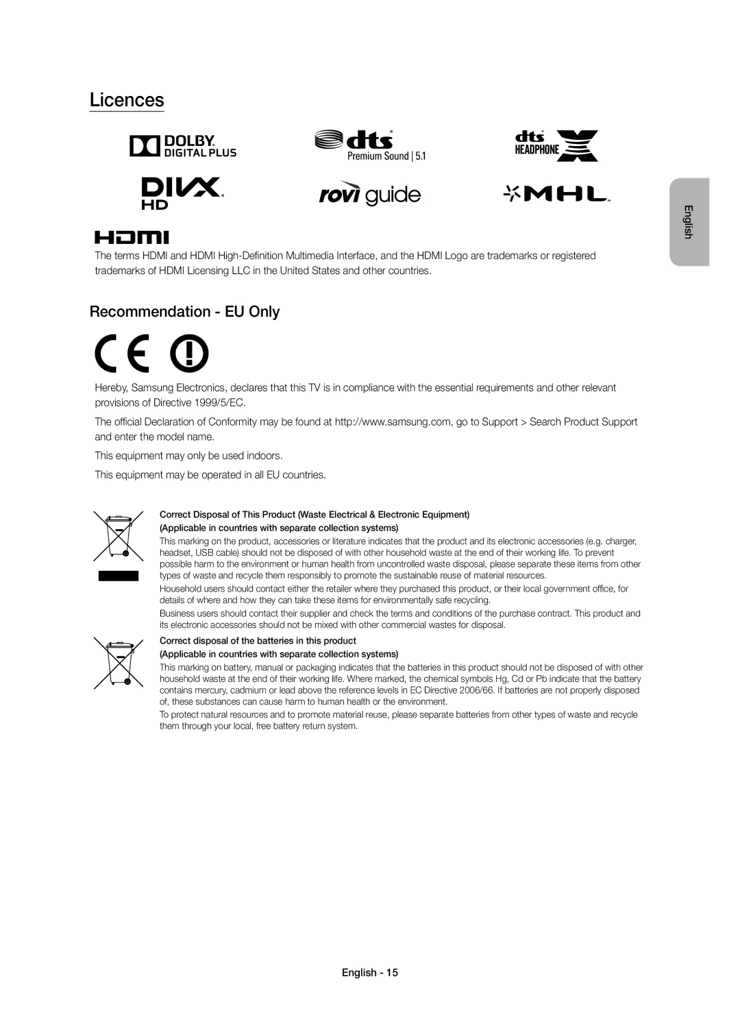 Samsung UE32J5550AUXRU, UE32J5500AUXRU, UE40J5510AUXRU, UE32J5520AUXRU, UE40J5520AUXRU manual Licences, Recommendation EU Only 