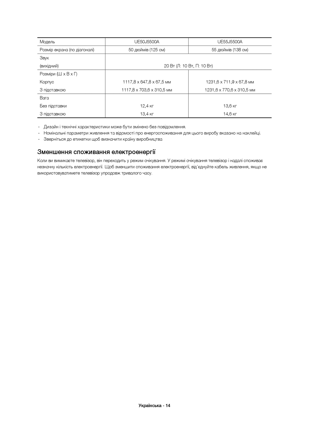 Samsung UE32J5530AUXRU manual Зменшення споживання електроенергії, Модель UE50J5500A UE55J5500A Розмір екрана по діагоналі 