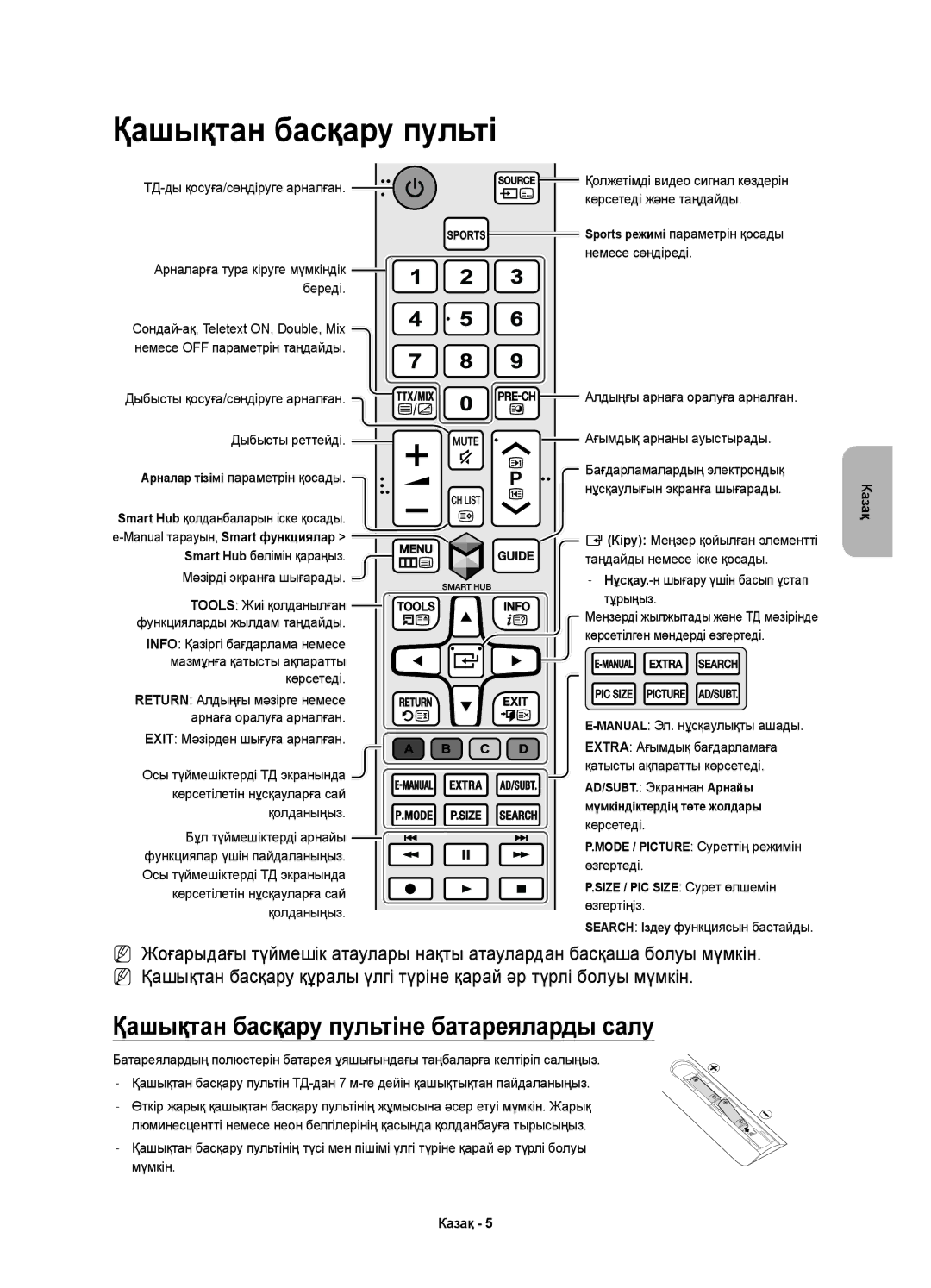 Samsung UE48J5510AUXRU, UE32J5500AUXRU, UE40J5510AUXRU, UE32J5520AUXRU manual Қашықтан басқару пультіне батареяларды салу 