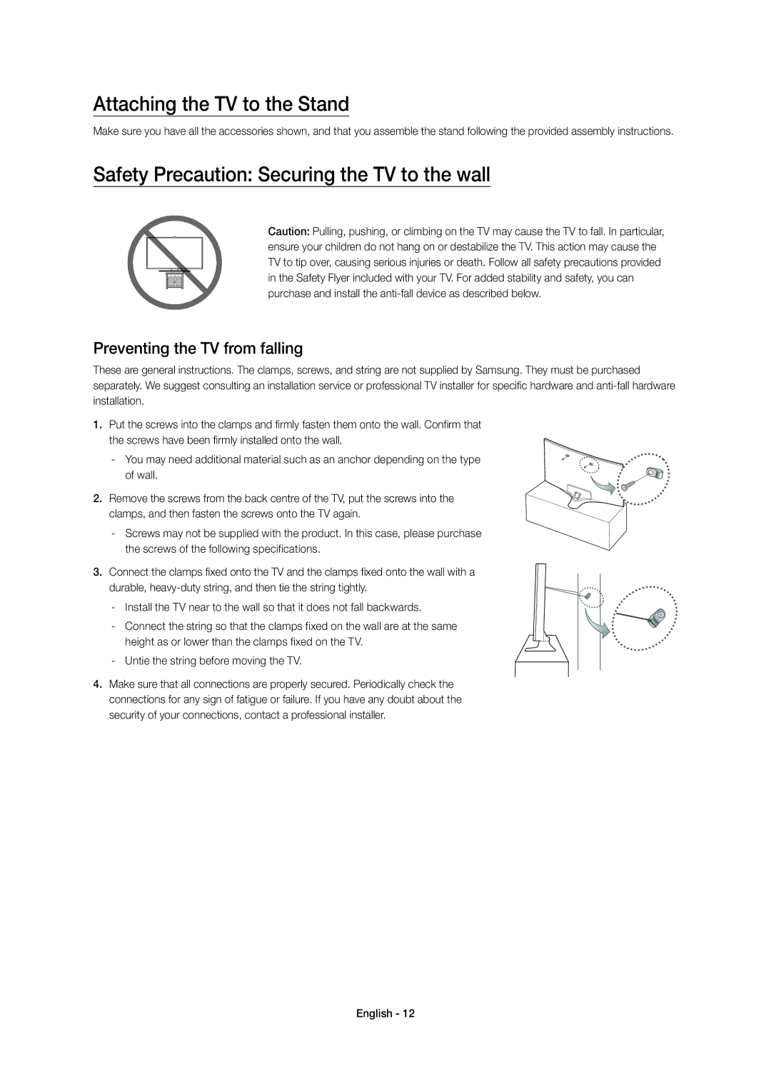 Samsung UE32J6375SUXXE, UE40J6375SUXXE manual Attaching the TV to the Stand, Safety Precaution Securing the TV to the wall 