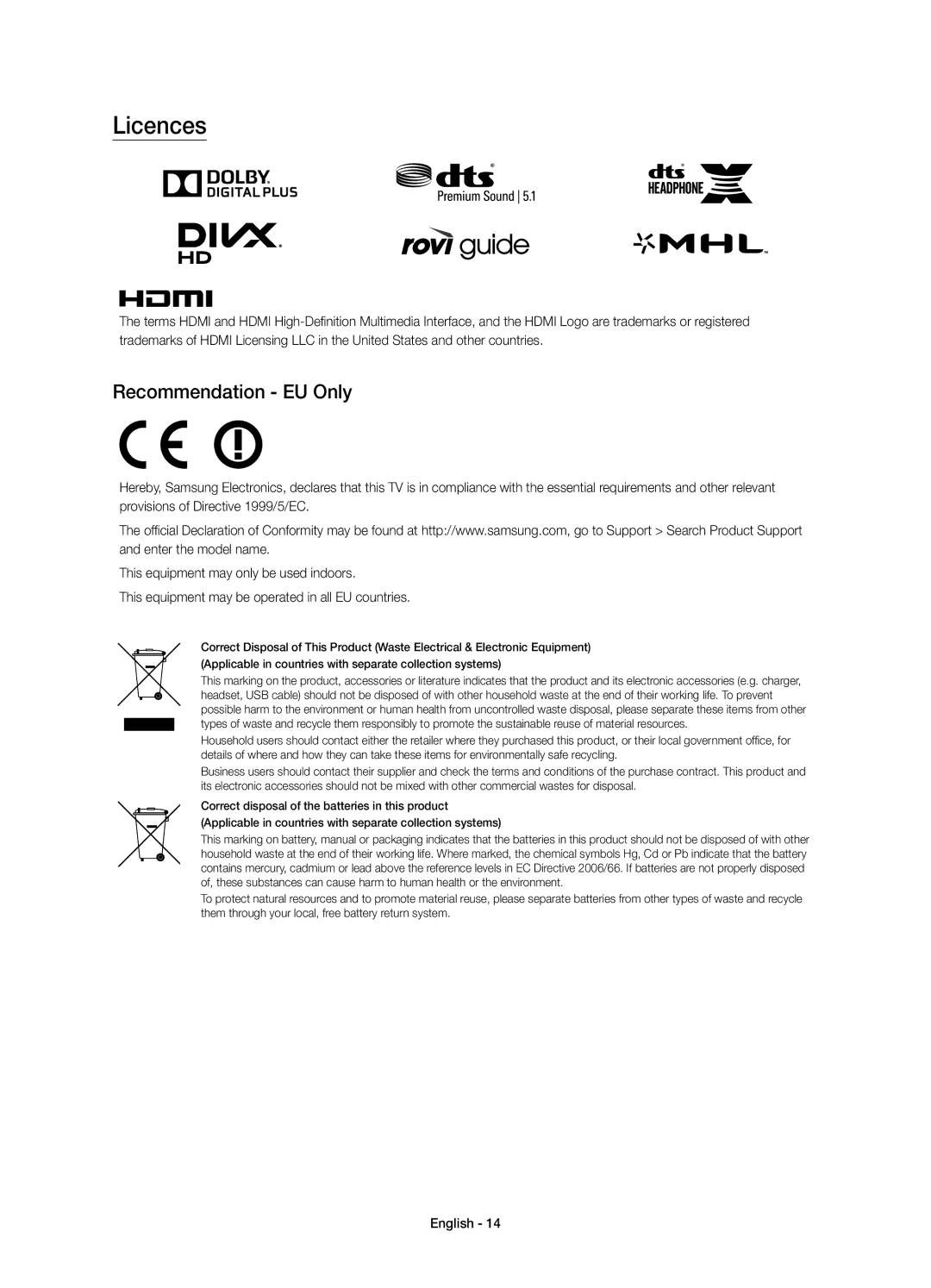 Samsung UE48J6375SUXXE, UE32J6375SUXXE, UE40J6375SUXXE, UE55J6375SUXXE manual Licences, Recommendation EU Only 