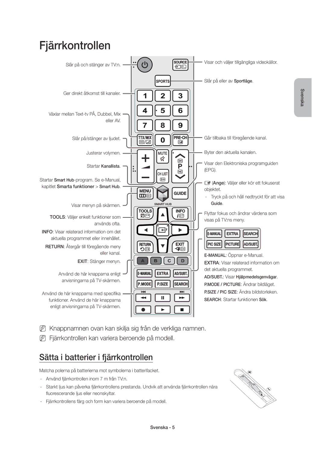 Samsung UE55J6375SUXXE, UE32J6375SUXXE manual Fjärrkontrollen, Sätta i batterier i fjärrkontrollen, Exit Stänger menyn 