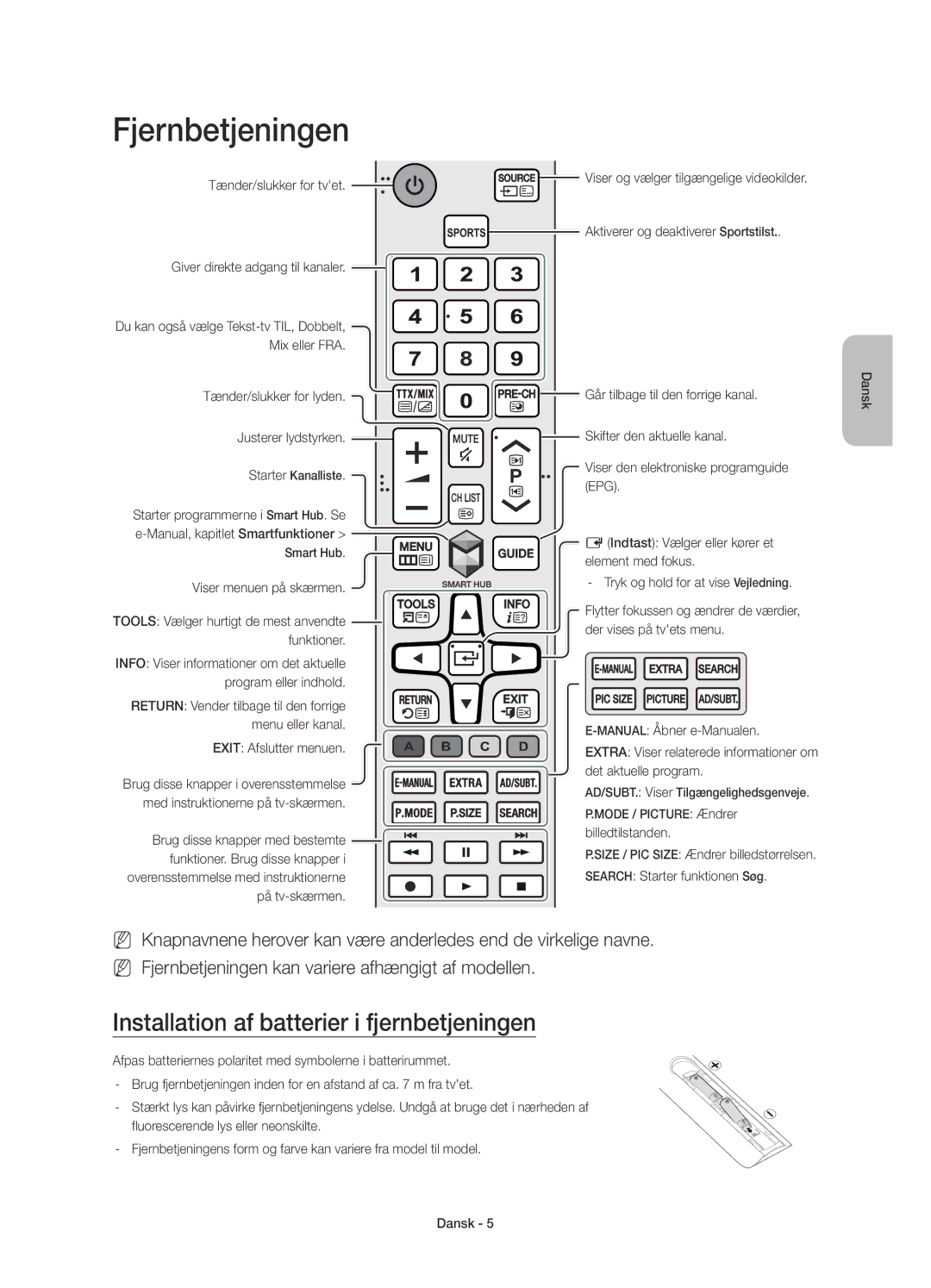 Samsung UE40J6375SUXXE manual Fjernbetjeningen, Installation af batterier i fjernbetjeningen, Tænder/slukker for tvet 