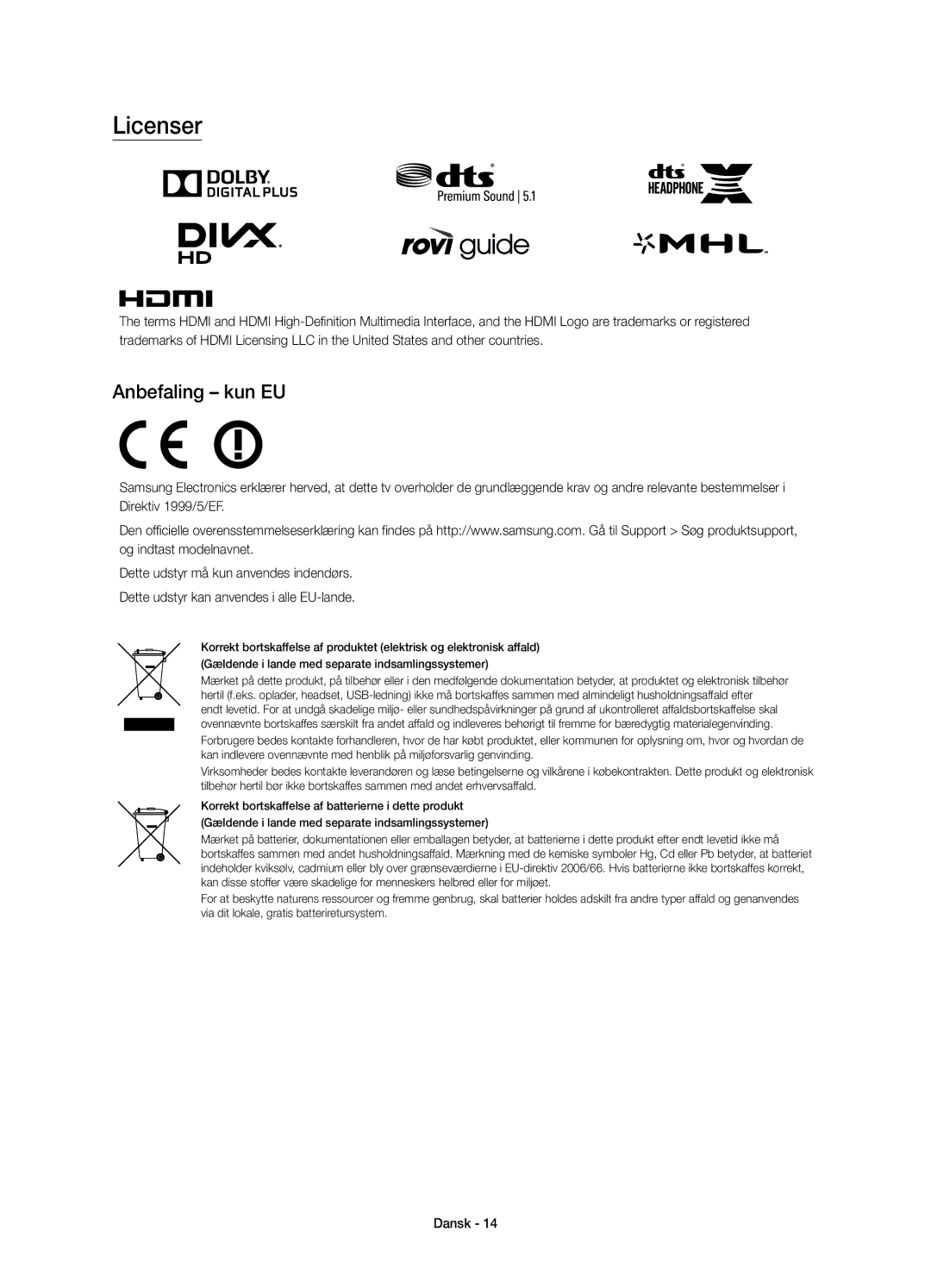 Samsung UE48J6375SUXXE, UE32J6375SUXXE, UE40J6375SUXXE, UE55J6375SUXXE manual Licenser, Anbefaling kun EU 