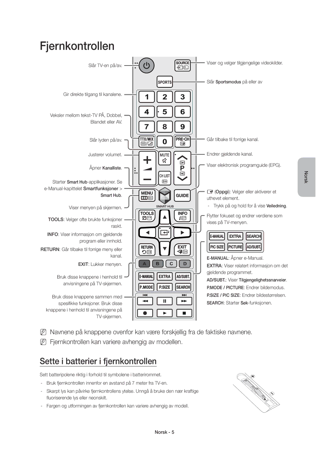 Samsung UE55J6375SUXXE manual Fjernkontrollen, Sette i batterier i fjernkontrollen, Slår TV-en på/av, Exit Lukker menyen 