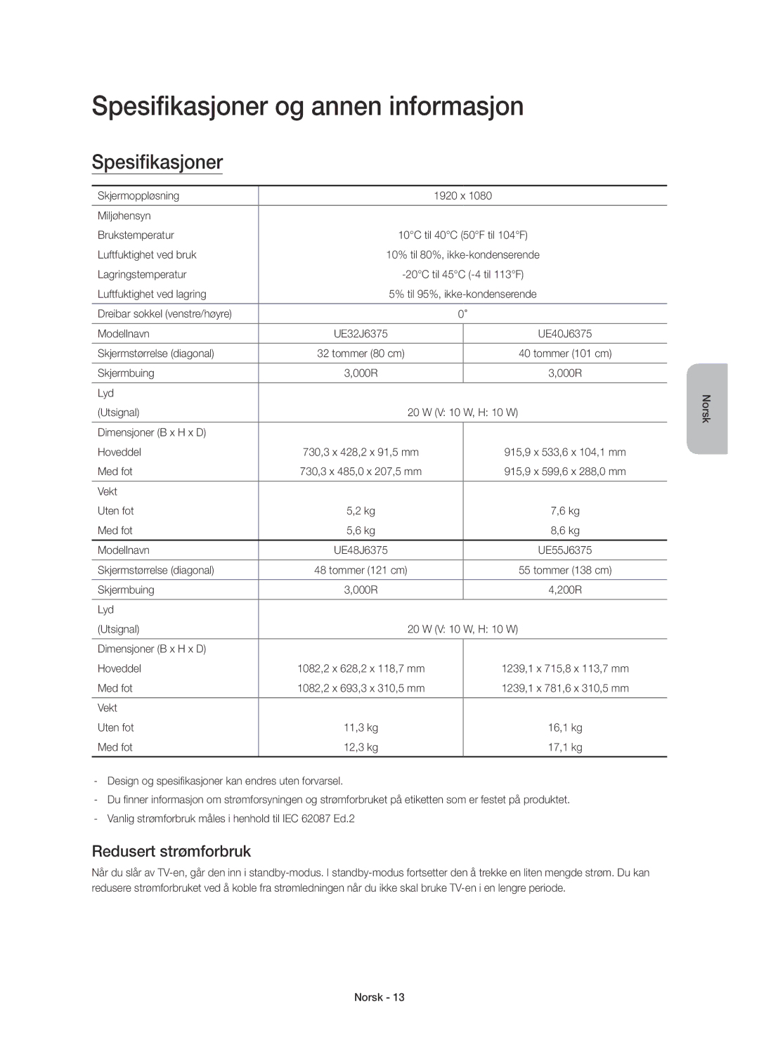 Samsung UE55J6375SUXXE, UE32J6375SUXXE, UE40J6375SUXXE manual Spesifikasjoner og annen informasjon, Redusert strømforbruk 