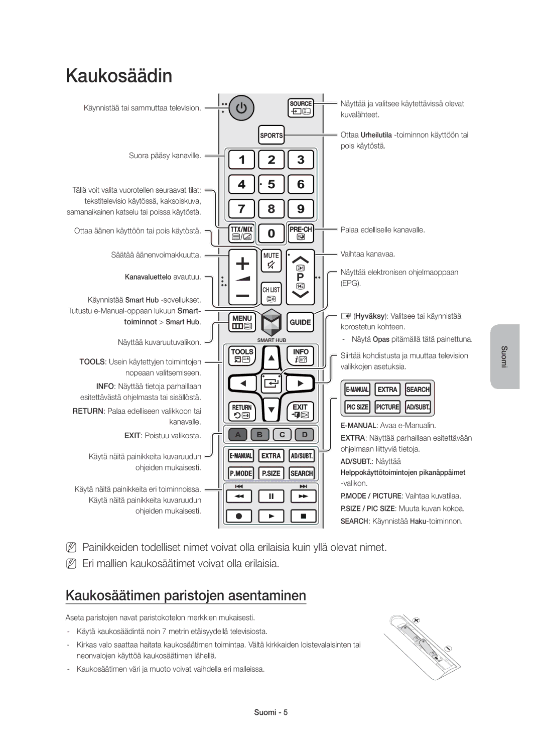 Samsung UE40J6375SUXXE, UE32J6375SUXXE manual Kaukosäädin, Kaukosäätimen paristojen asentaminen, Exit Poistuu valikosta 