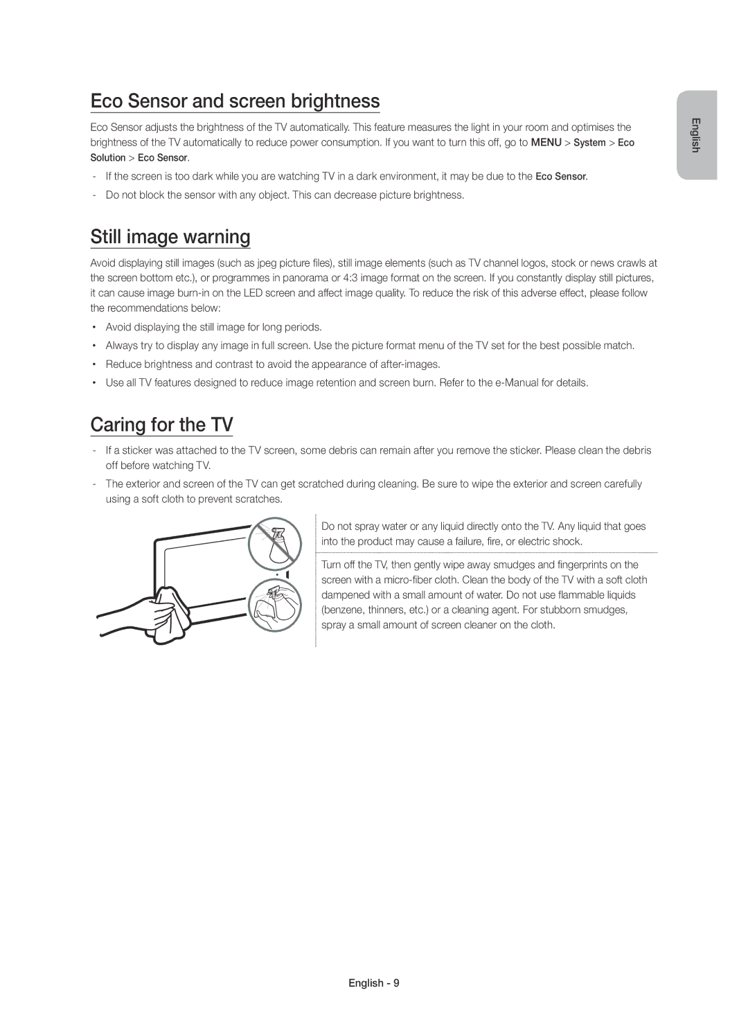 Samsung UE40J6375SUXXE, UE32J6375SUXXE manual Eco Sensor and screen brightness, Still image warning, Caring for the TV 