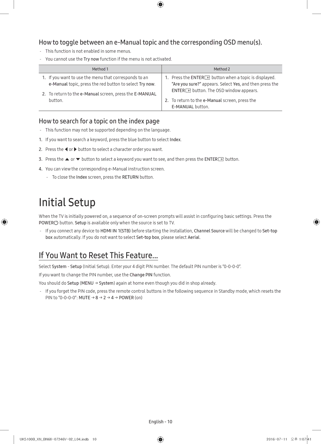 Samsung UE32K4100AWXZG manual Initial Setup, If You Want to Reset This Feature, How to search for a topic on the index 