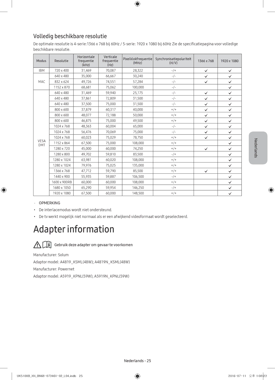 Samsung UE40K5100AWXZF, UE32K4100AWXXH manual Volledig beschikbare resolutie, Gebruik deze adapter om gevaar te voorkomen 