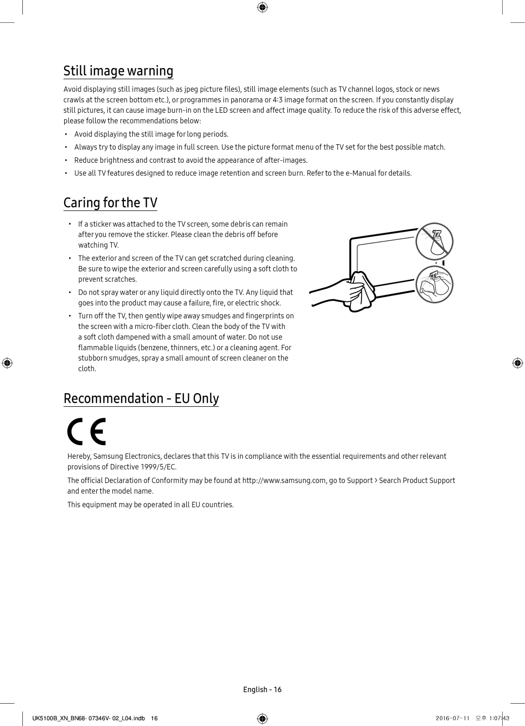 Samsung UE40K5100AWXXC, UE32K4100AWXXH, UE32K5100AWXXH manual Still image warning, Caring for the TV, Recommendation EU Only 