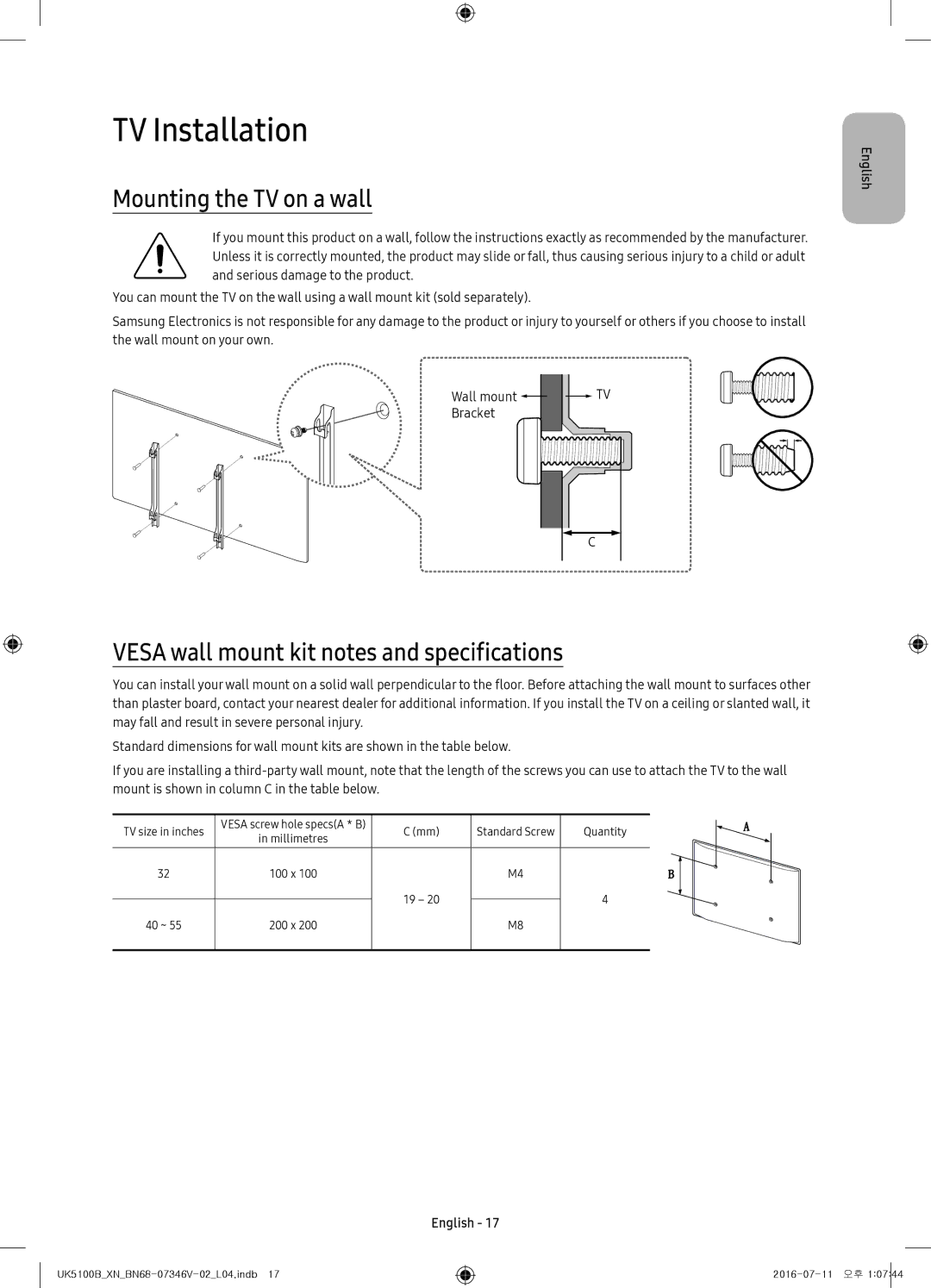 Samsung UE40K5100AWXXH manual TV Installation, Mounting the TV on a wall, Vesa wall mount kit notes and specifications 