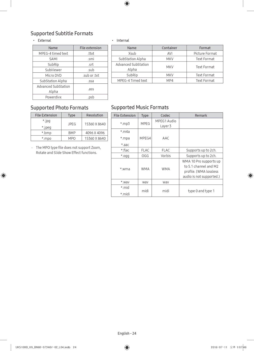 Samsung UE32K4100AWXXH, UE32K5100AWXXH manual Supported Subtitle Formats, Supported Photo Formats, Supported Music Formats 