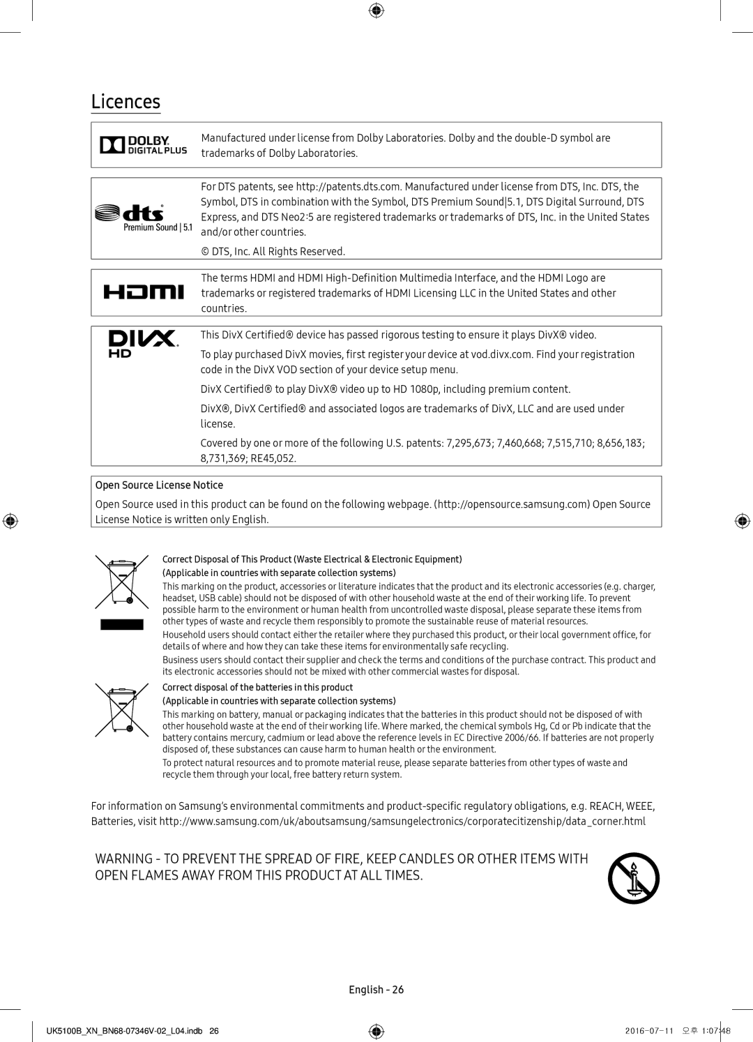 Samsung UE32K4100AWXXC, UE32K4100AWXXH, UE32K5100AWXXH, UE32K5100AWXXC, UE40K5100AWXXC Licences, Open Source License Notice 