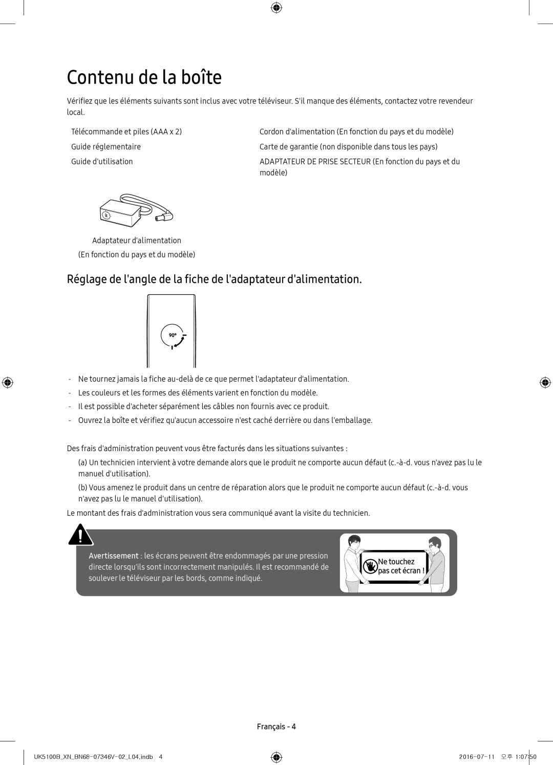 Samsung UE32K5100AWXZF, UE32K4100AWXXH Contenu de la boîte, Réglage de langle de la fiche de ladaptateur dalimentation 