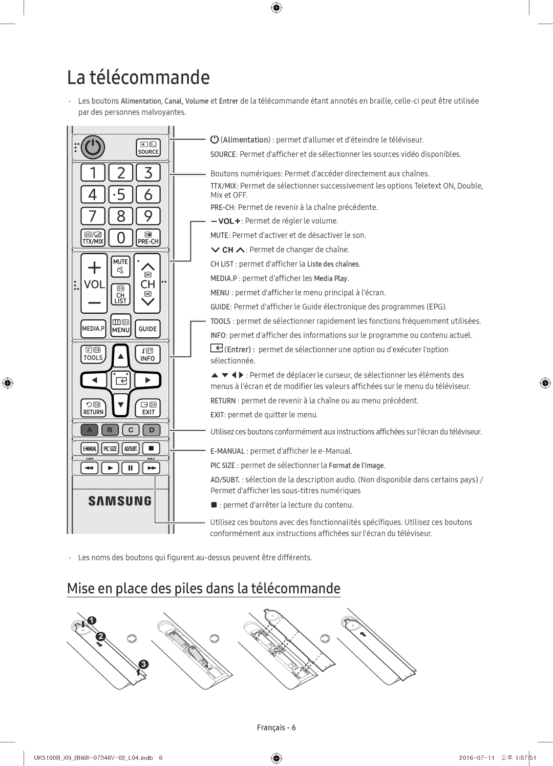 Samsung UE32K5100AWXXN, UE32K4100AWXXH, UE32K5100AWXXH manual La télécommande, Mise en place des piles dans la télécommande 