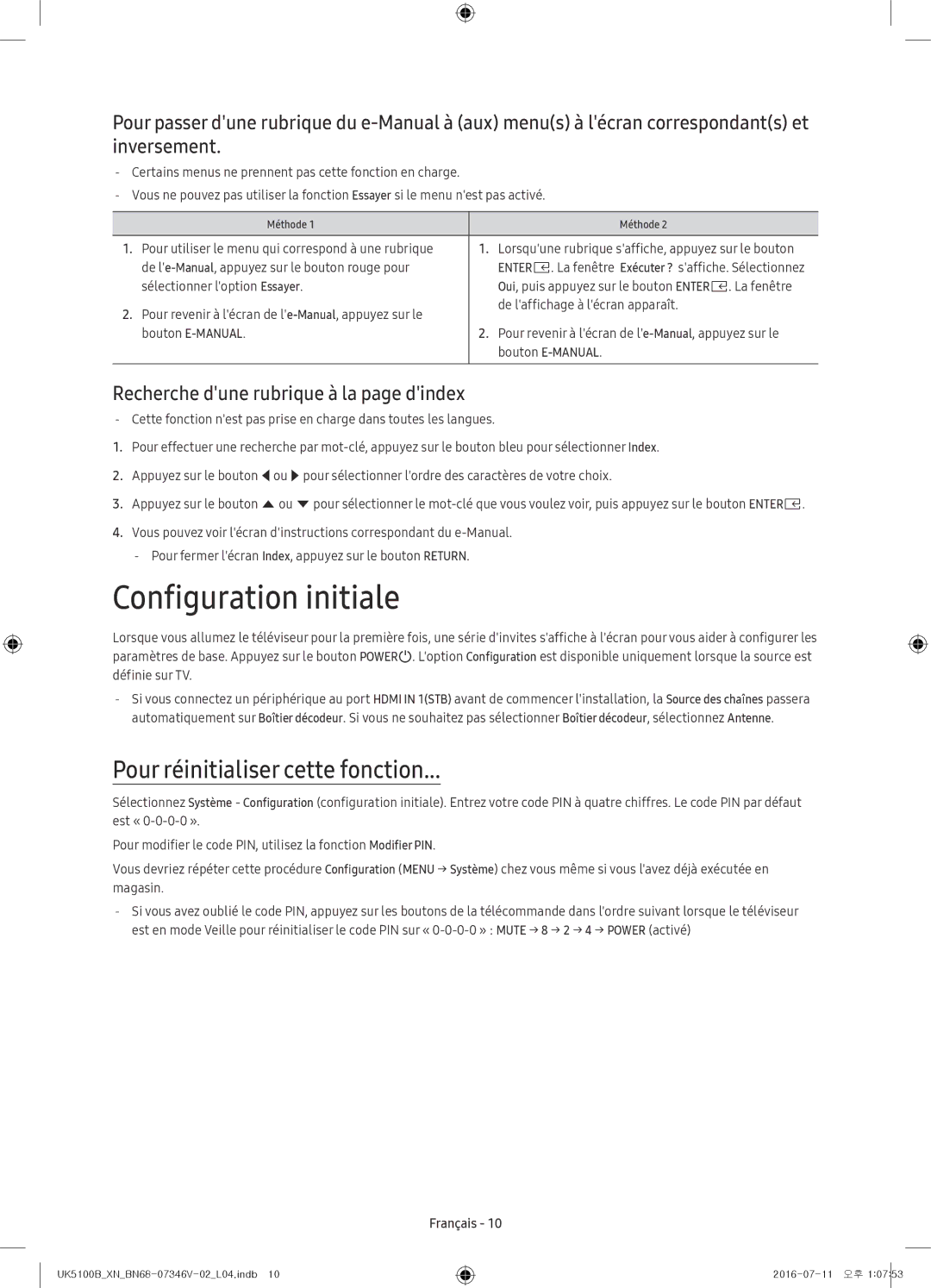 Samsung UE32K4100AWXXH Configuration initiale, Pour réinitialiser cette fonction, Recherche dune rubrique à la page dindex 