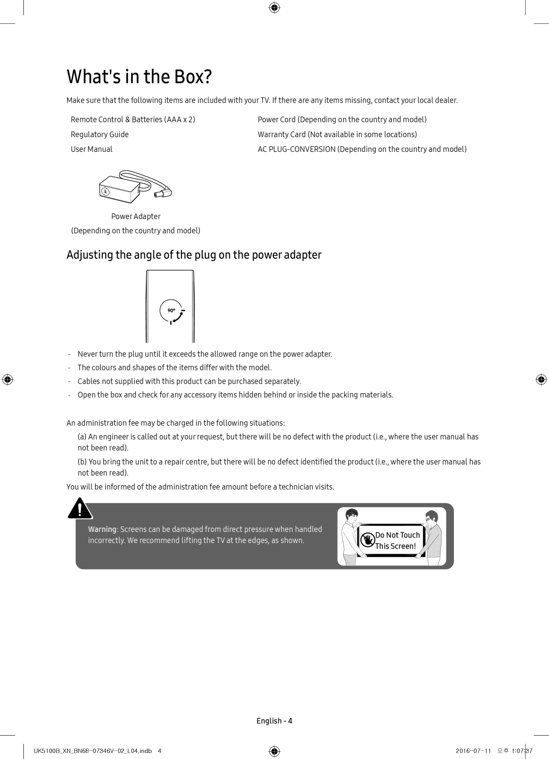 Samsung UE40K5100AWXXC, UE32K4100AWXXH manual Whats in the Box?, Adjusting the angle of the plug on the power adapter 