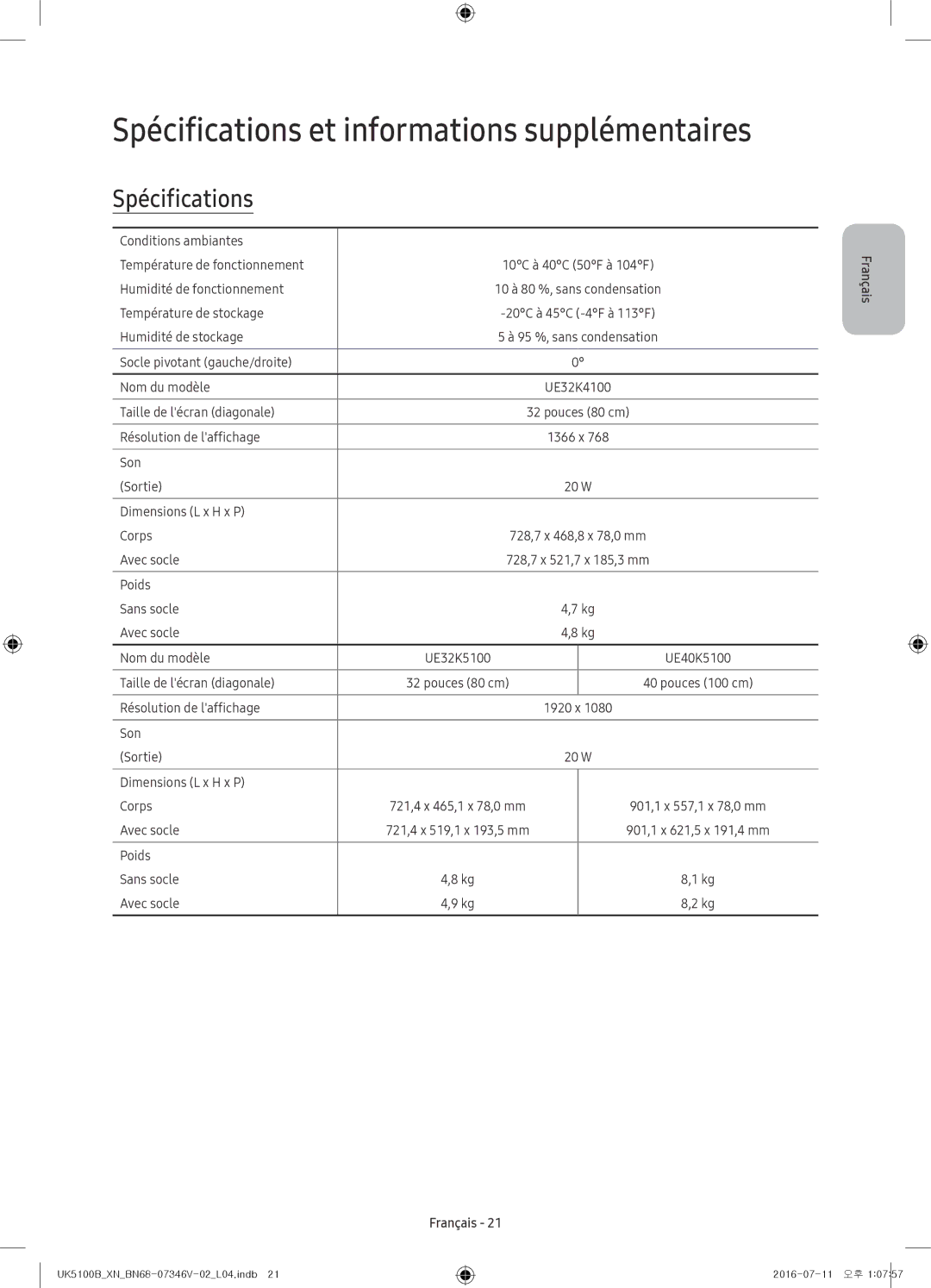 Samsung UE32K4100AWXXN, UE32K4100AWXXH, UE32K5100AWXXH, UE32K4100AWXXC manual Spécifications et informations supplémentaires 