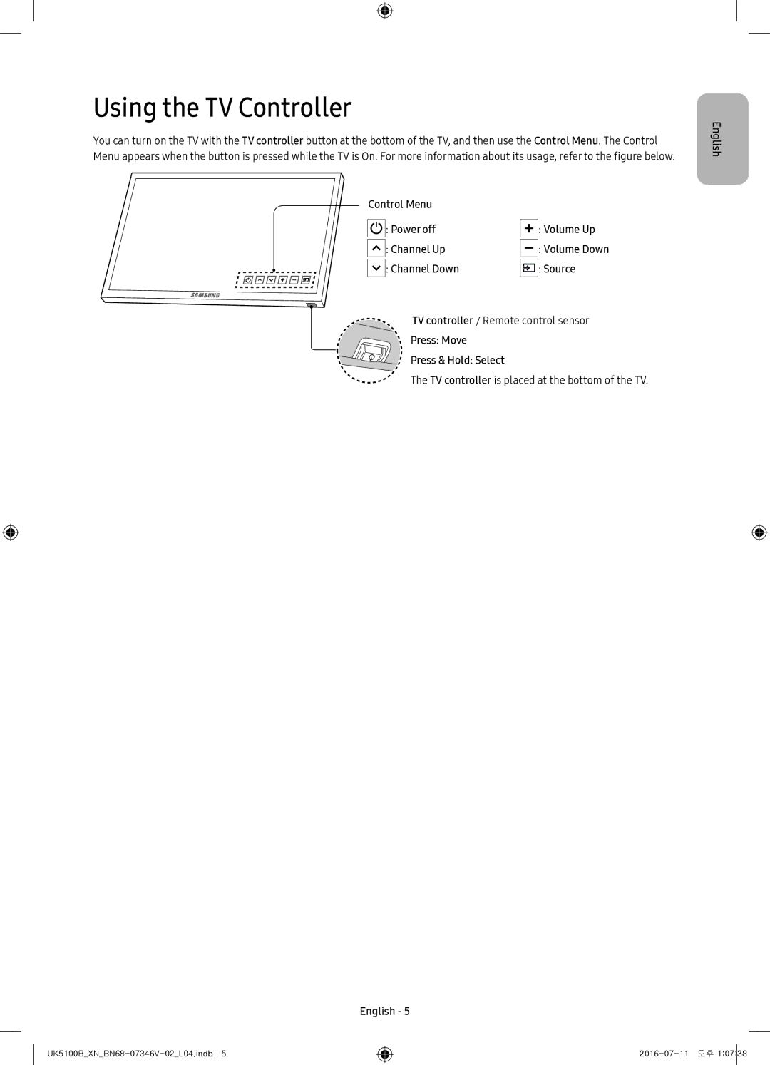 Samsung UE40K5100AWXXH manual Using the TV Controller, Control Menu Power off Volume Up Channel Up, Channel Down Source 