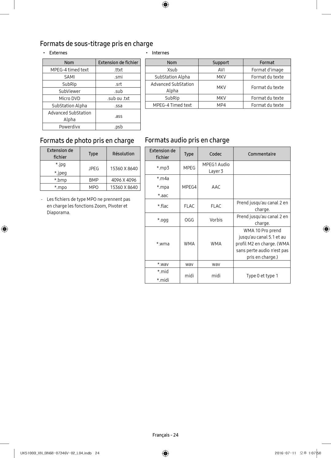 Samsung UE32K4100AWXXC, UE32K4100AWXXH manual Formats de sous-titrage pris en charge, Formats de photo pris en charge 