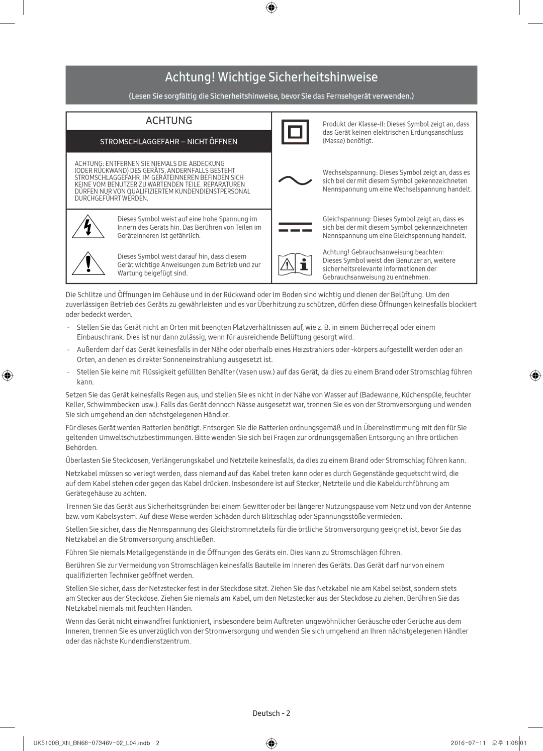 Samsung UE32K5100AWXZF, UE32K4100AWXXH, UE32K5100AWXXH, UE32K4100AWXXC manual Achtung! Wichtige Sicherheitshinweise, Deutsch 