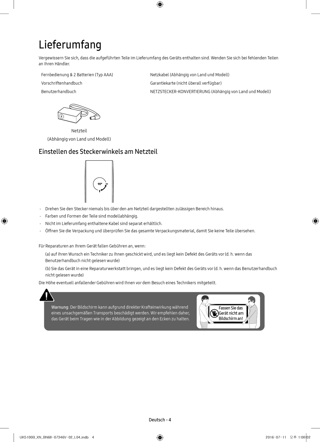 Samsung UE32K5100AWXXN, UE32K4100AWXXH, UE32K5100AWXXH manual Lieferumfang, Einstellen des Steckerwinkels am Netzteil 