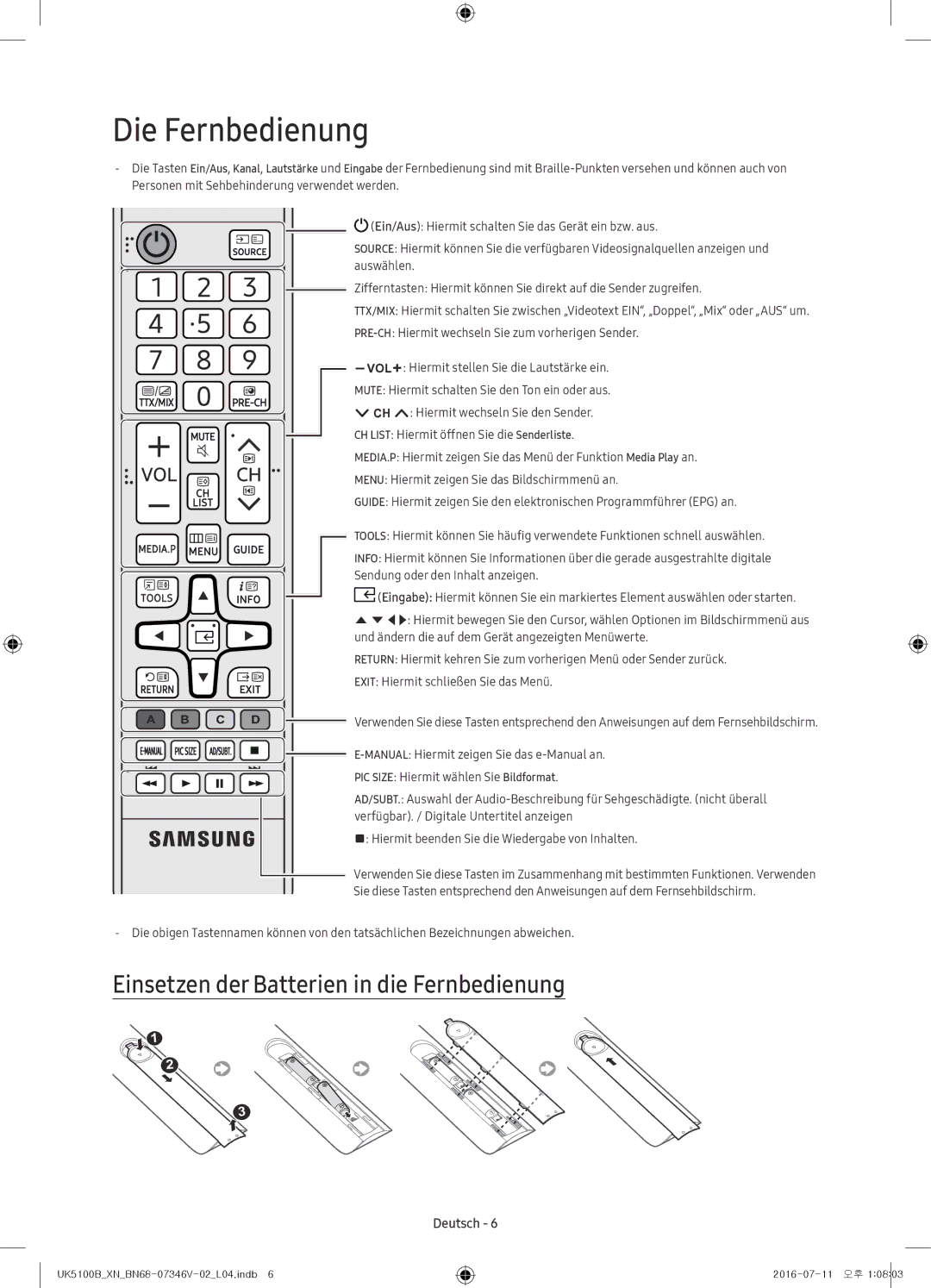 Samsung UE32K4100AWXZG, UE32K4100AWXXH, UE32K5100AWXXH manual Die Fernbedienung, Einsetzen der Batterien in die Fernbedienung 