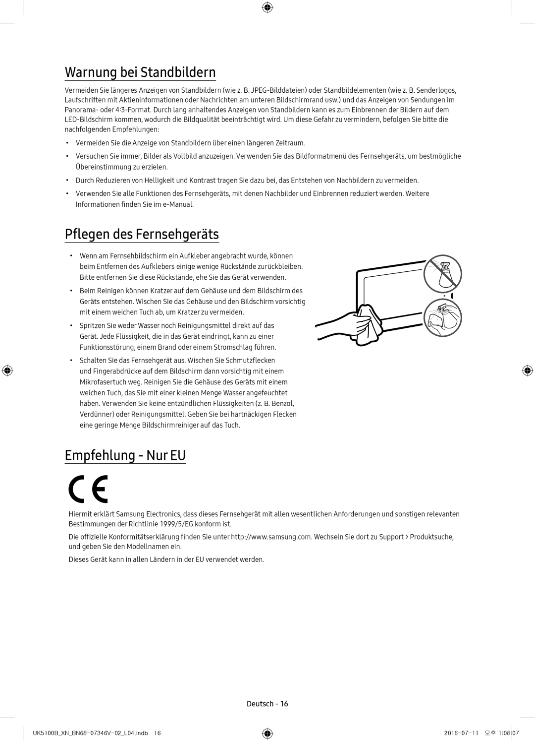 Samsung UE32K5100AWXXN, UE32K4100AWXXH manual Warnung bei Standbildern, Pflegen des Fernsehgeräts, Empfehlung Nur EU 