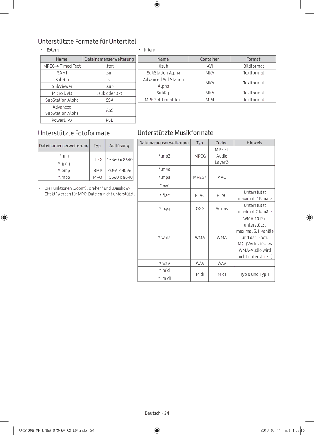 Samsung UE40K5100AWXXC manual Unterstützte Formate für Untertitel, Unterstützte Fotoformate, Unterstützte Musikformate 