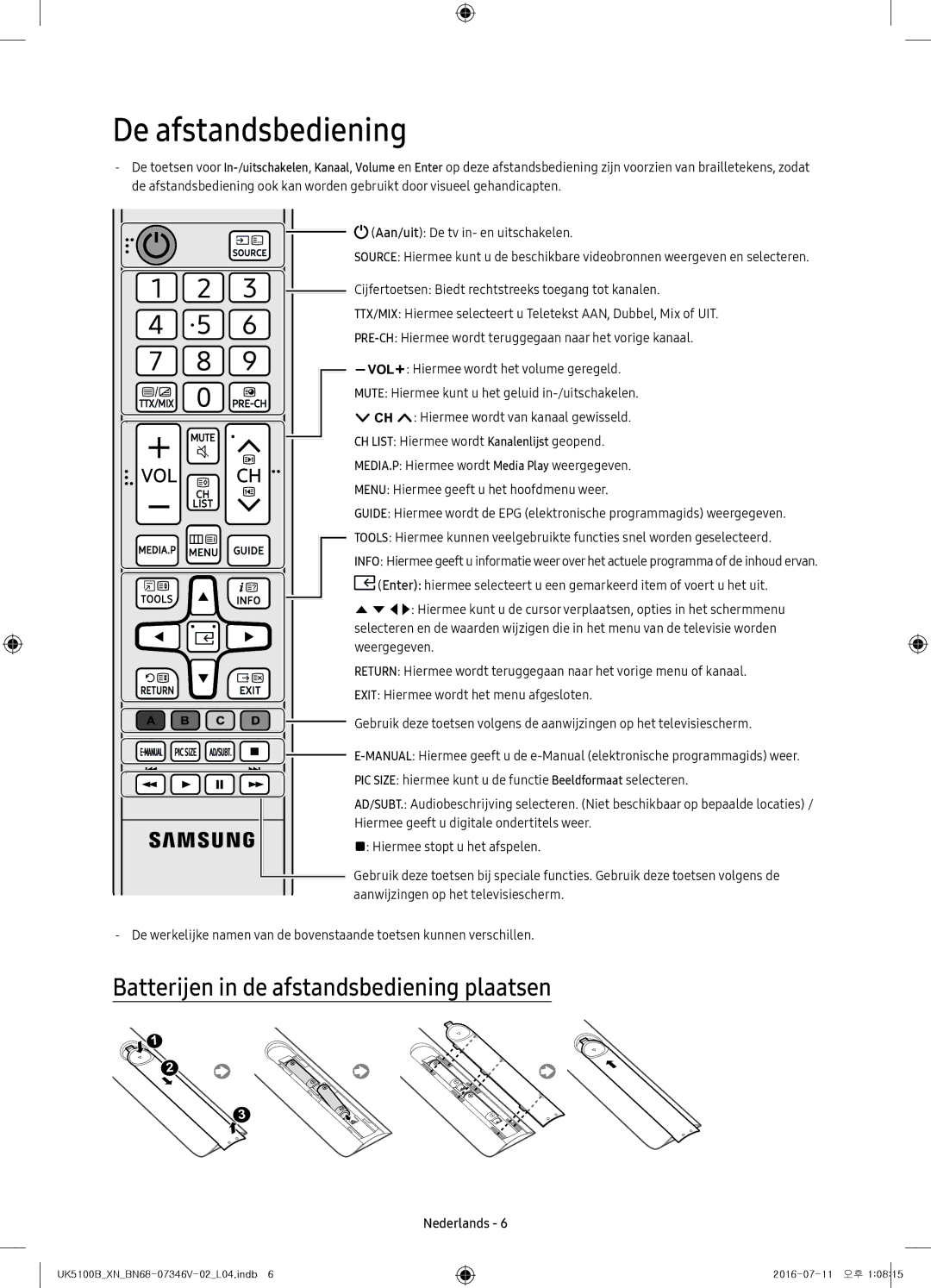 Samsung UE32K4100AWXXH, UE32K5100AWXXH, UE32K4100AWXXC De afstandsbediening, Batterijen in de afstandsbediening plaatsen 