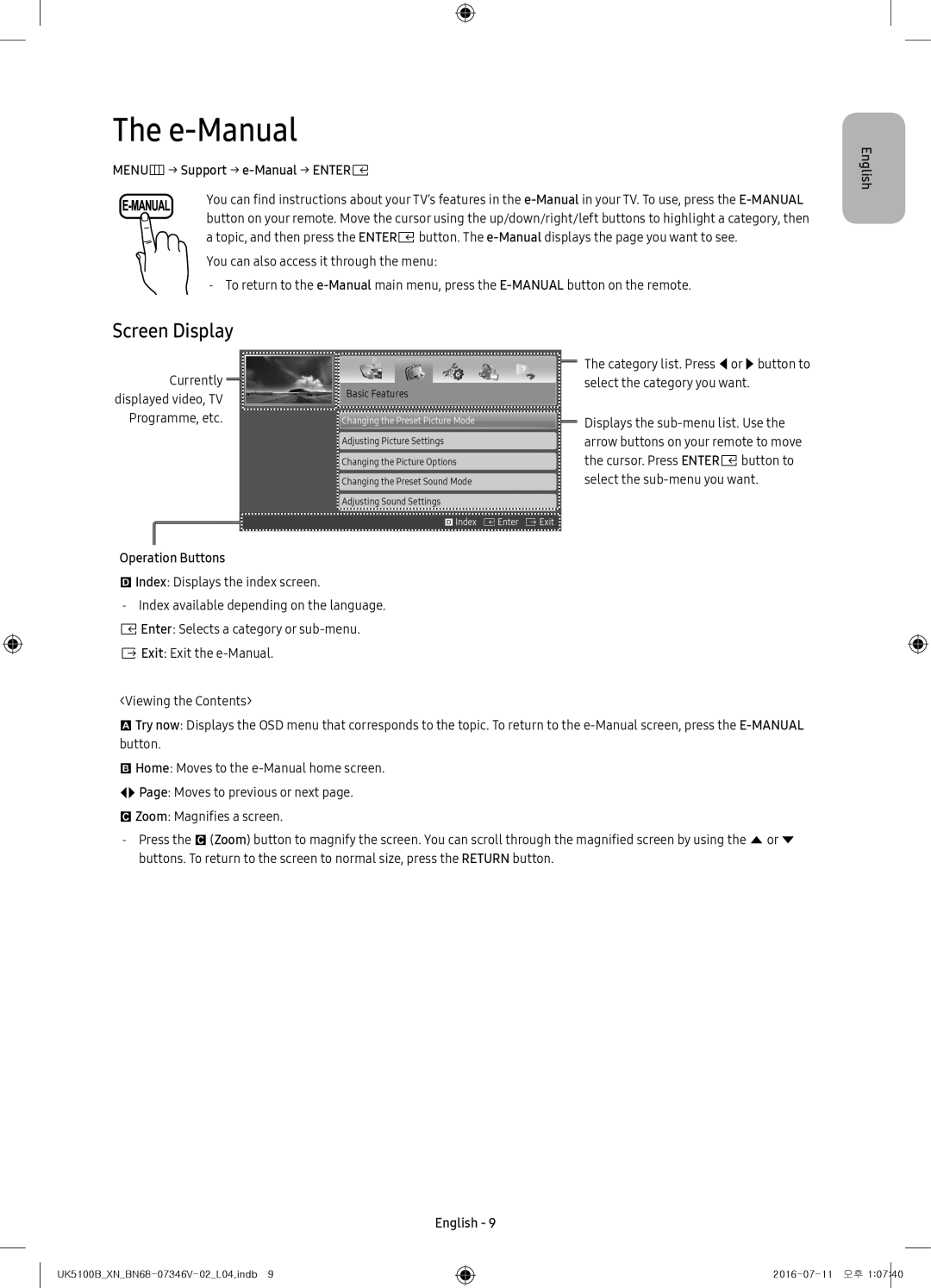 Samsung UE40K5100AWXXN, UE32K4100AWXXH E-Manual, Screen Display, MENUm→ Support → e-Manual → Entere, Operation Buttons 