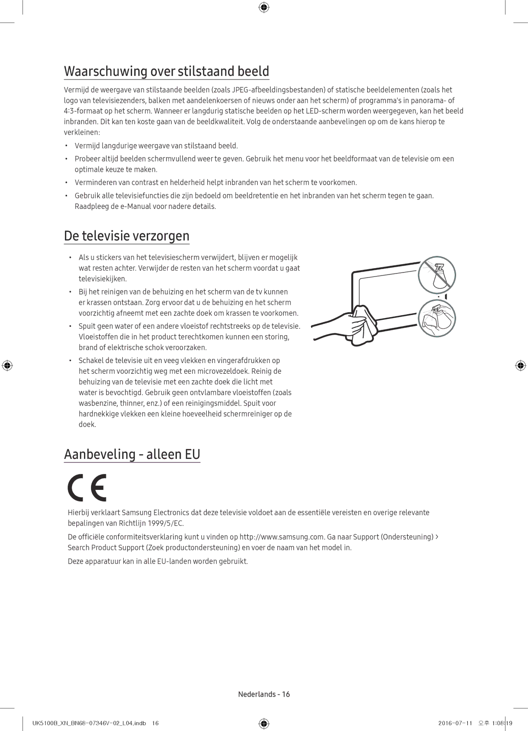 Samsung UE32K4100AWXZG, UE32K4100AWXXH Waarschuwing over stilstaand beeld, De televisie verzorgen, Aanbeveling alleen EU 