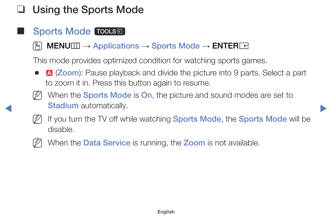 Samsung UE32K4100AWXZG manual Using the Sports Mode, Sports Mode t, OO MENUm → Applications → Sports Mode → Entere 