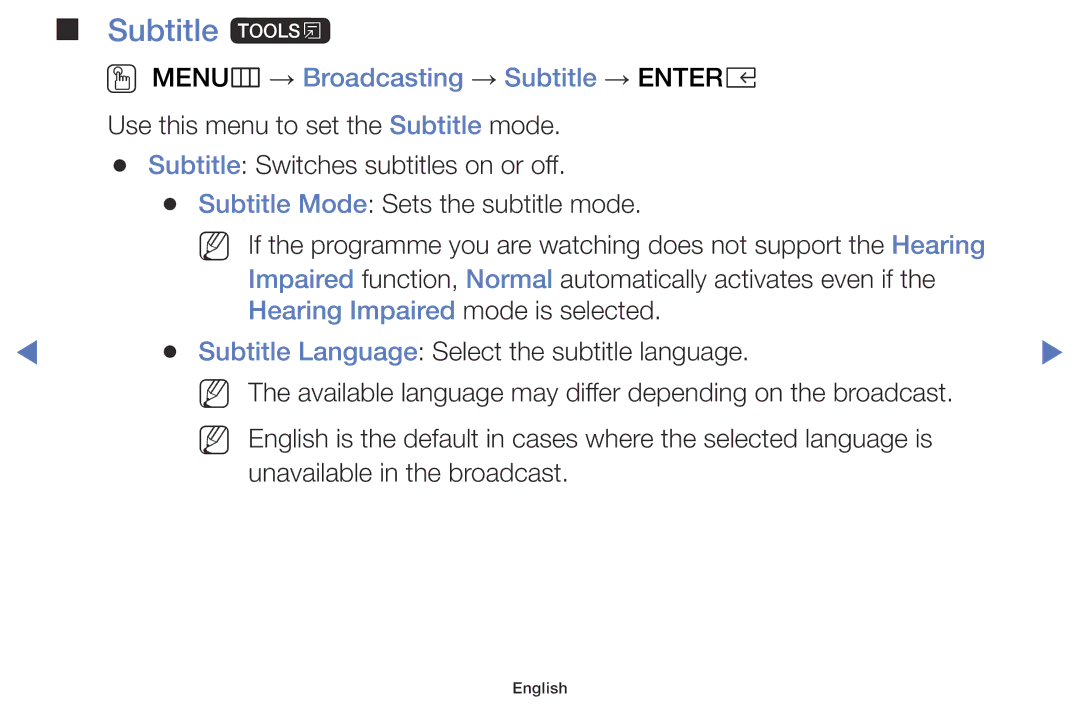 Samsung UE32K4100AWXXH manual Subtitle t, OO MENUm → Broadcasting → Subtitle → Entere, Hearing Impaired mode is selected 