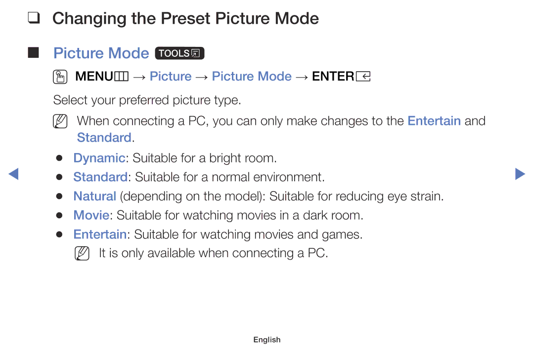 Samsung UE32K5100AWXZF manual Changing the Preset Picture Mode, Picture Mode t, OO MENUm → Picture → Picture Mode → Entere 