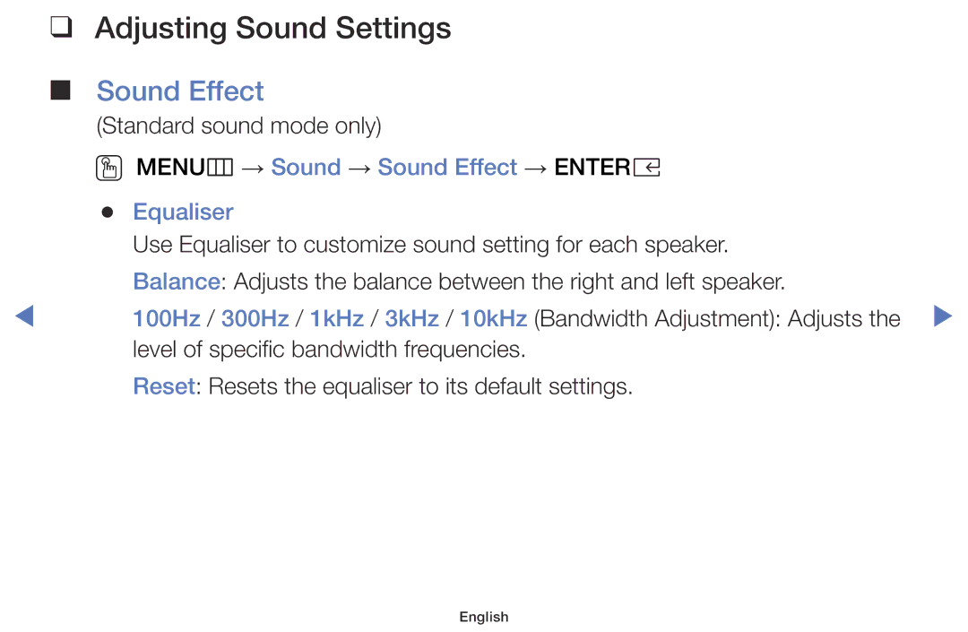 Samsung UE49K5100AWXXN, UE32K4100AWXXH Adjusting Sound Settings, OO MENUm → Sound → Sound Effect → Entere Equaliser 