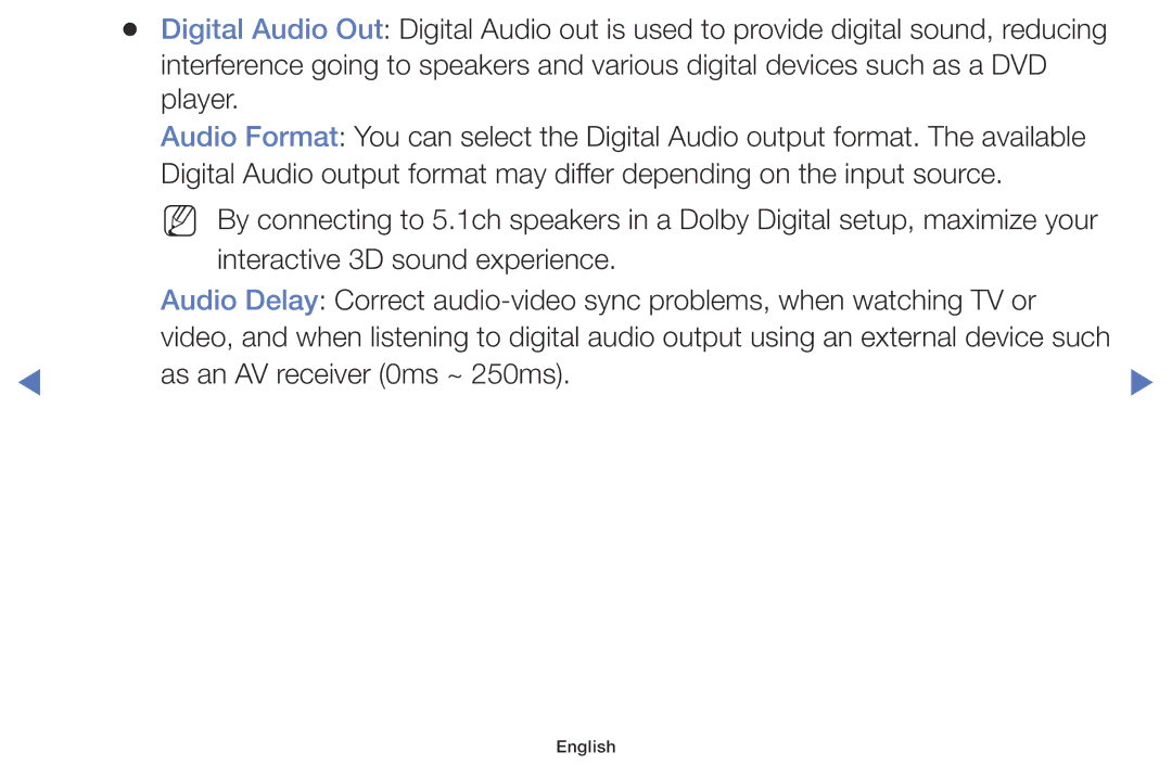 Samsung UE32K4100AWXXC, UE32K4100AWXXH, UE32K5100AWXXH, UE49K5100AWXXC, UE49K5100AWXXH manual As an AV receiver 0ms ~ 250ms 