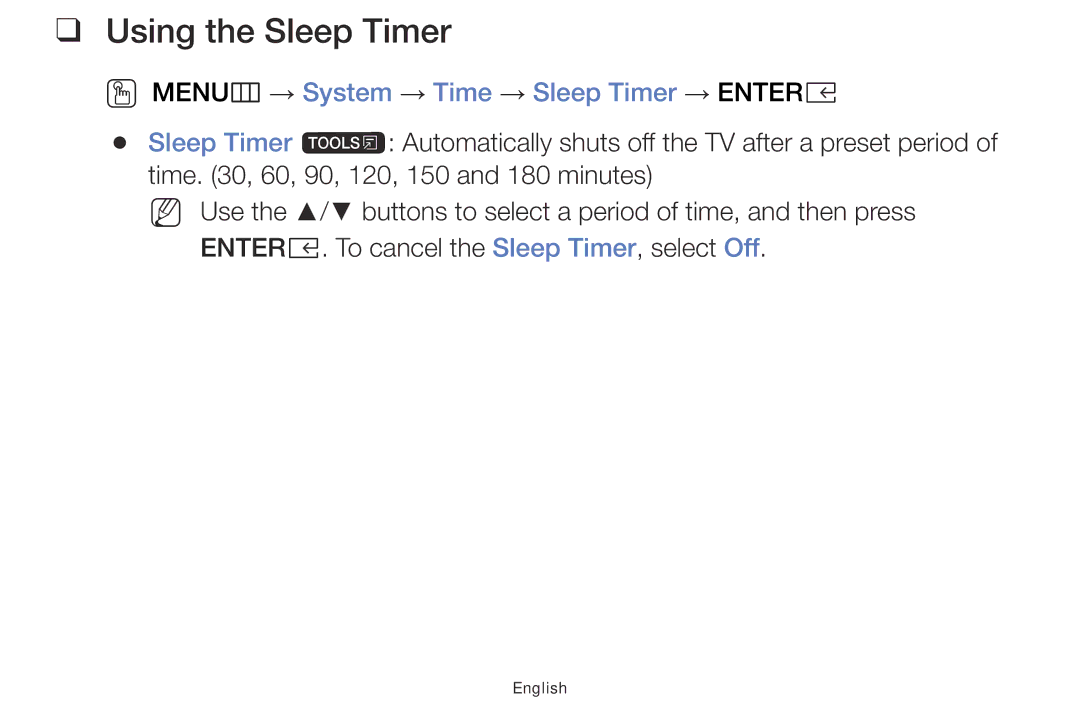 Samsung UE40K5102AKXXH, UE32K4100AWXXH manual Using the Sleep Timer, OO MENUm → System → Time → Sleep Timer → Entere 